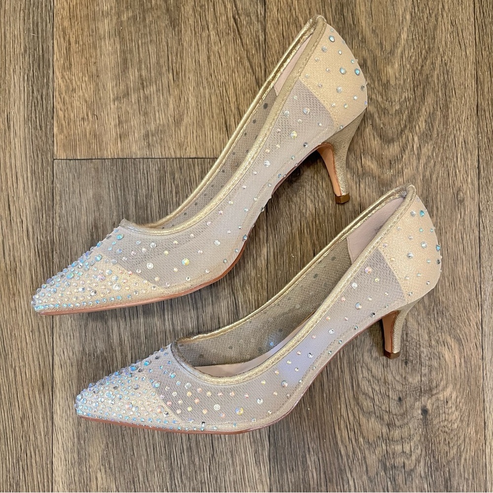 Elegant Beige Rhinestone Kitten Heels - Picture 3 of 9